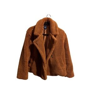 GAP Womens Cognac Brown Faux Fur Teddy Coat Double Breasted Sherpa Jacket XS
